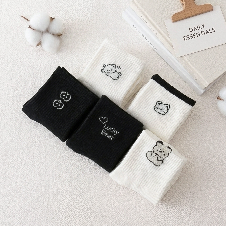 Vớ nữ cổ trung gấu dệt dễ thương, set 5 đôi tất chất liệu mềm mại thoáng khí - Ekiu Shop