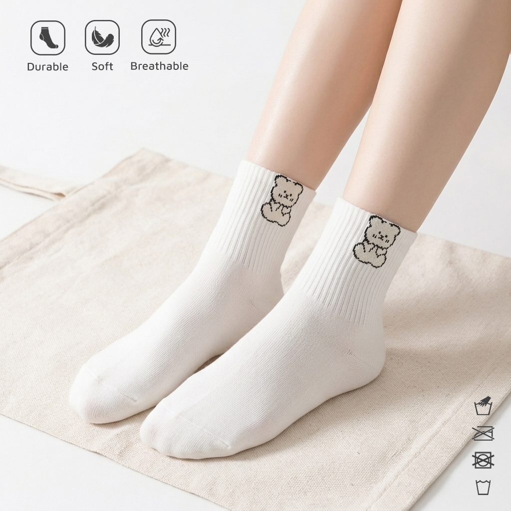 Vớ nữ cổ trung gấu dệt dễ thương, set 5 đôi tất chất liệu mềm mại thoáng khí - Ekiu Shop