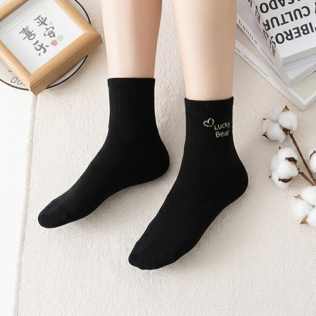 Vớ nữ cổ trung gấu dệt dễ thương, set 5 đôi tất chất liệu mềm mại thoáng khí - Ekiu Shop