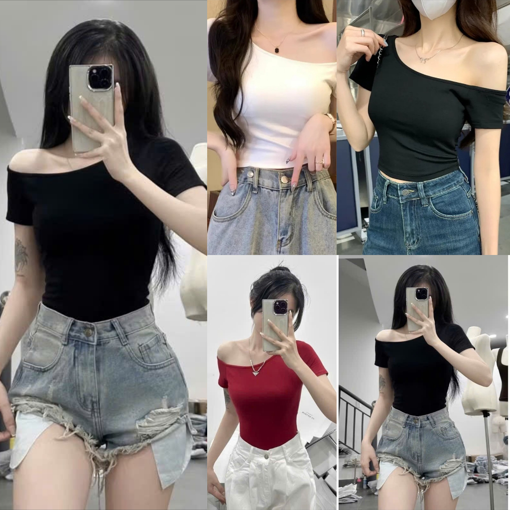 [ Combo 3 Màu và Bán Lẻ ] Áo Thun Nữ Ôm Lệch Vai Basic Đơn Giản Co Dãn 4 Chiều Siêu Mát