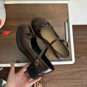 Giày Mary Jane Nữ Có Gót Đính Nơ CCB Phong Cách Vintage Hàn Quốc | Giày Búp Bê Quai Cài Gót Vuông 5cm Sang Chảnh