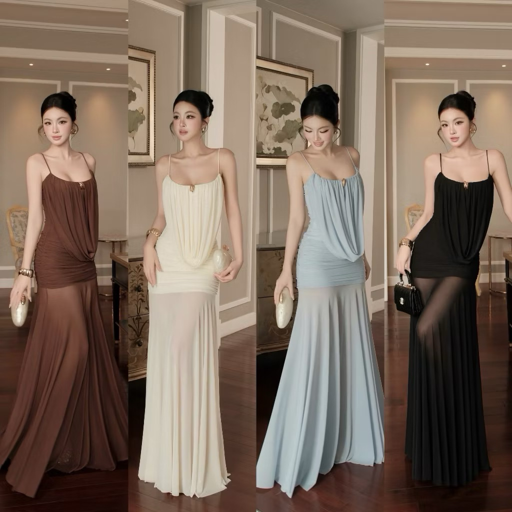 Product image (TẶNG TAG) Đầm Hai Dây Thun Lưới Cổ Đổ Dáng Đuôi Cá Dài Xuyên Thấu Sang Trọng Kieupham.shop 1