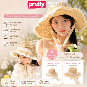 Mũ Cói Ren Đi Biển Cho Mẹ Và Bé Gái Đáng Yêu, Nón Chống Nắng Đi Du Lịch Style Nàng Thơ
