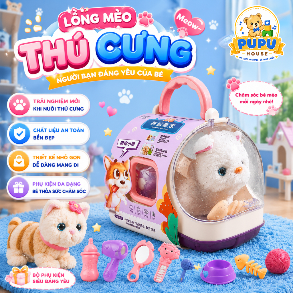 Đồ Chơi Chăm Sóc Thú Cưng Mèo Bông Lồng Capybara Lồng Mèo Lồng Thỏ Biết Kêu Đi Biết Vẫy Đuôi Kèm Phụ Kiện-PUPU HOUSE