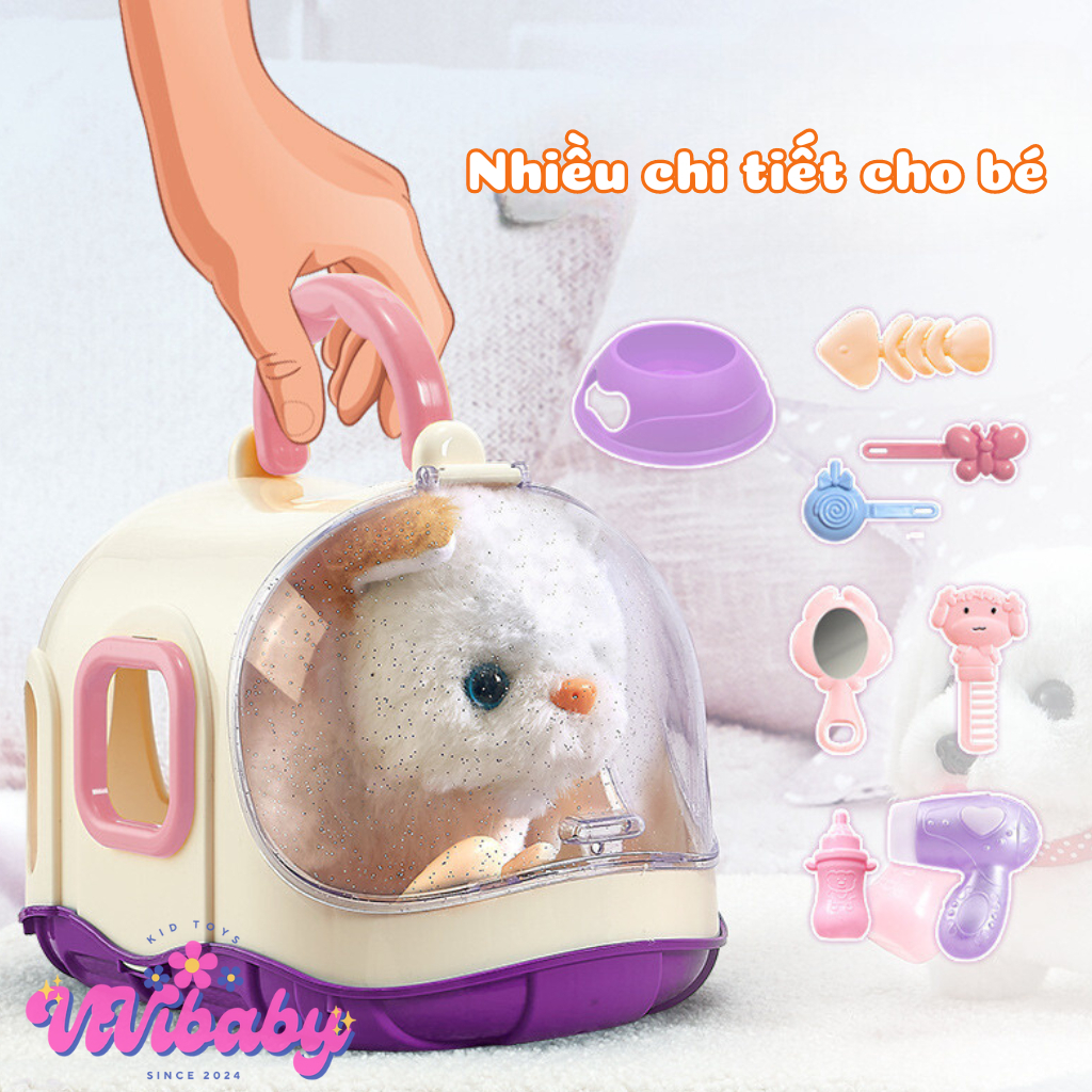 Đồ Chơi Chăm Sóc Thú Cưng Mèo Bông Lồng Capybara Lồng Mèo Lồng Thỏ Biết Kêu Đi Biết Vẫy Đuôi Kèm Phụ Kiện-PUPU HOUSE