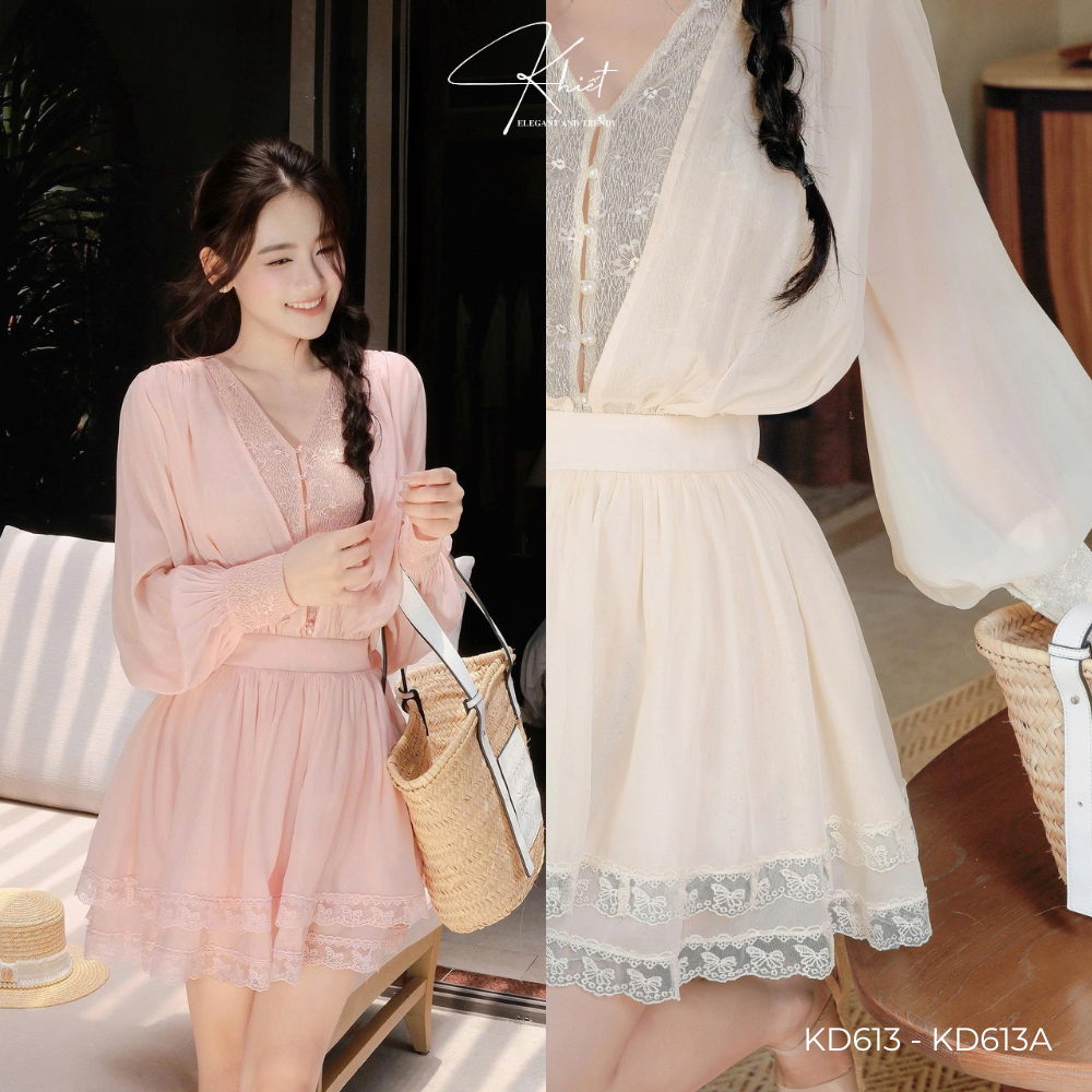 Đầm tơ cổ V phối ren dáng xòe nữ tính bay bổng Khiết Style KD613 KD613A