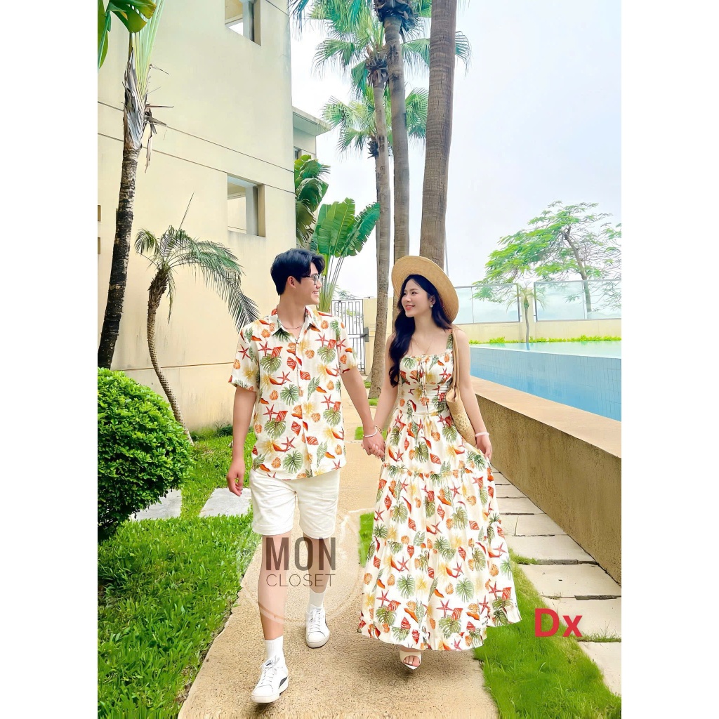Set Đồ Đôi Đi Biển Họa Tiết Tropical Vỏ Ốc - Chất Mango Cao Cấp, Váy Maxi Nữ Phối Áo Sơ Mi Nam Sang Chảnh