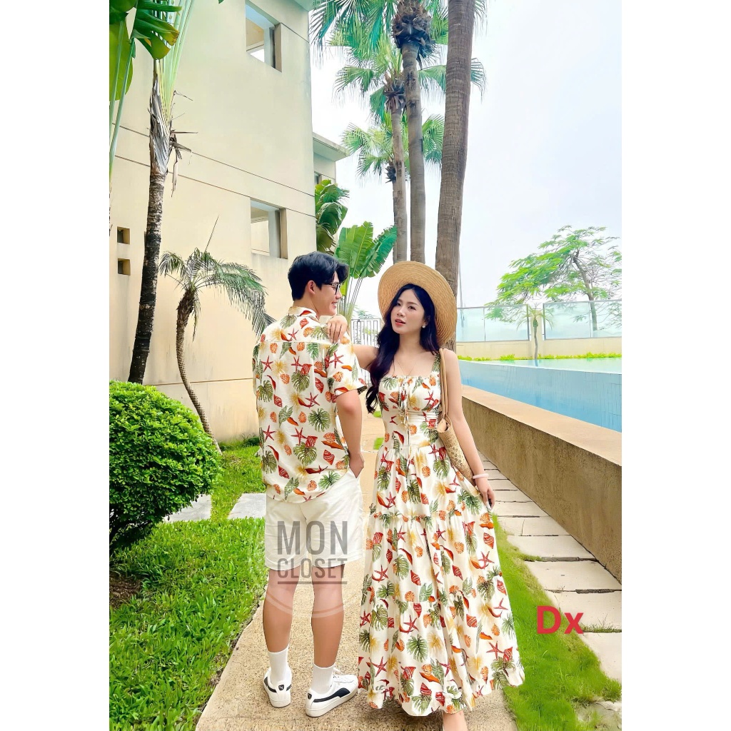 Set Đồ Đôi Đi Biển Họa Tiết Tropical Vỏ Ốc - Chất Mango Cao Cấp, Váy Maxi Nữ Phối Áo Sơ Mi Nam Sang Chảnh