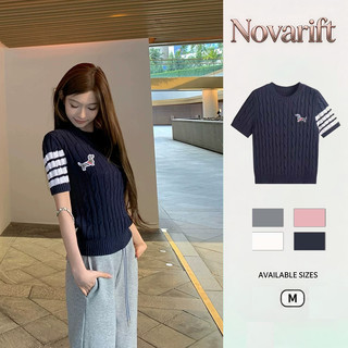 Nova-Áo Cổ Tròn Đan Thừng Thêu Cún,Phối Sọc Tay Hàng QC 4 Màu