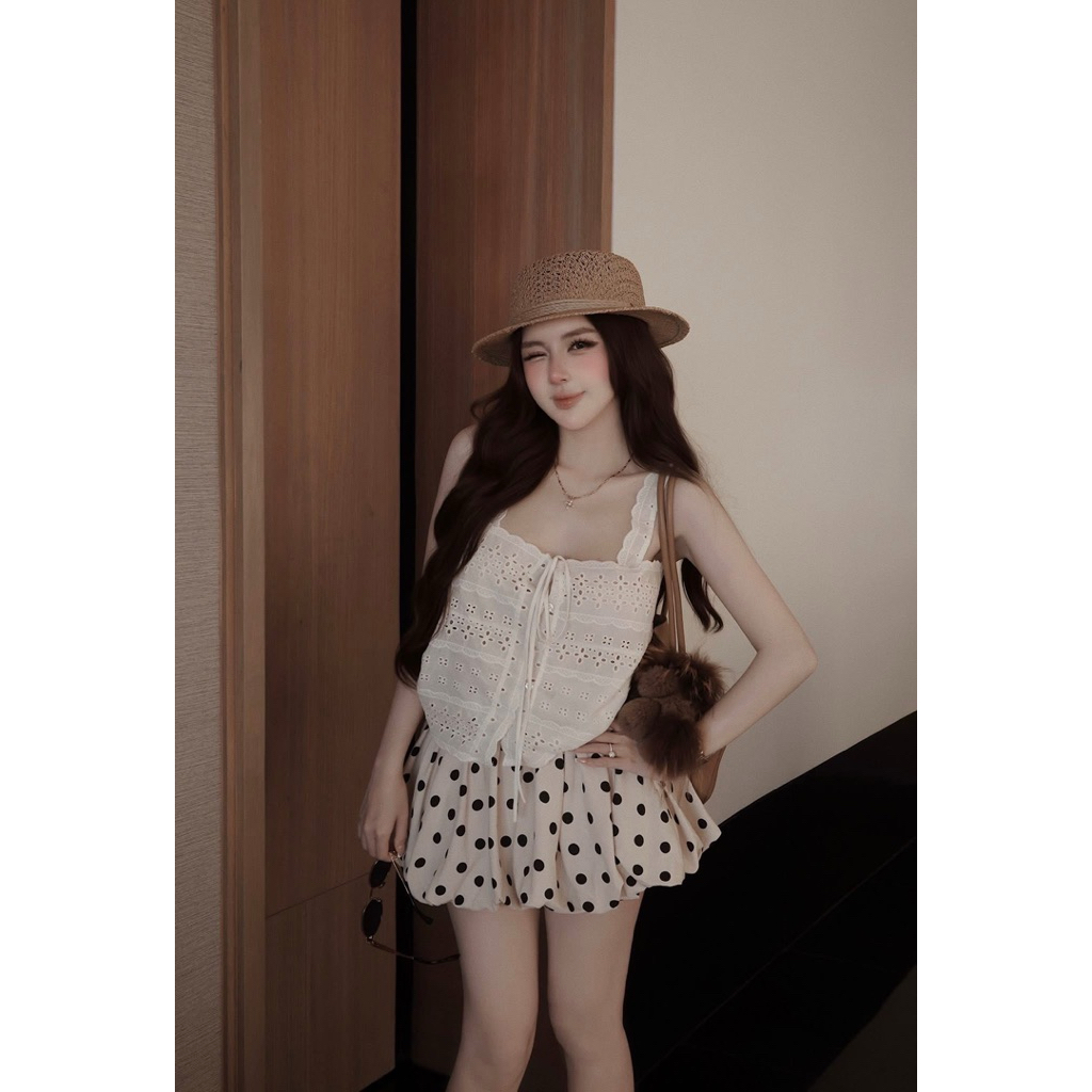 Set áo 2 dây thô ren chân váy bi mai phương bùi