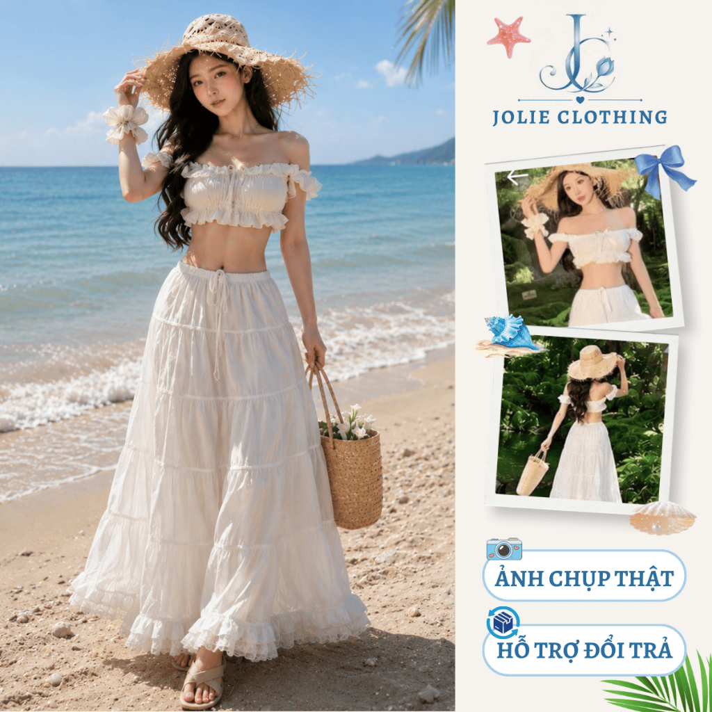 [CÓ MÚT/SẴN] Set Váy Maxi Trễ Vai Trắng – Thiết Kế Hai Mảnh Nữ Tính, Chuẩn Style Biển Hè, Du Lịch