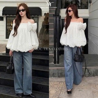 Áo bi trễ vai nơ Loại 1 thiết kế dáng bồng nơ to vintage siêu xinh, Áo kiểu nữ bánh bèo tiểu thư sang chảnh