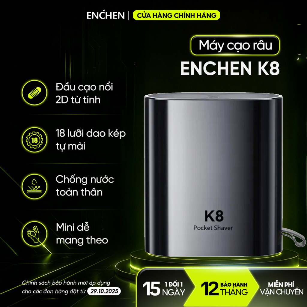 Máy cạo râu Enchen K8 đầu cạo 2D chống nước, 18 lưỡi dao tự mài, pin dùng đến 60 ngày - BH 12 tháng