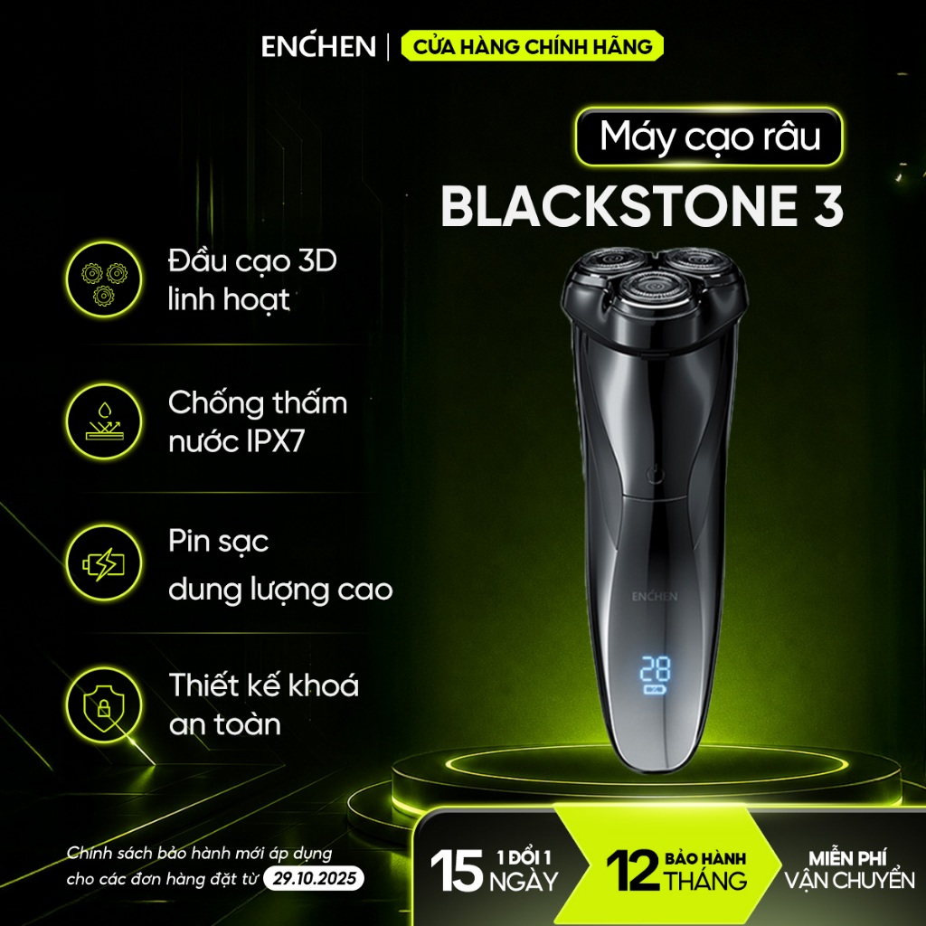 Máy cạo râu Enchen Blackstone 3 chống nước IPX7, tích hợp tông đơ nhỏ, lưỡi dao nổi 3D - BH 12 tháng