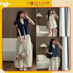 Áo babydoll linen tay phồng tiểu thư siêu xinh Hoadanbistore, Áo kiểu tiểu thư buộc nơ xinh xắn