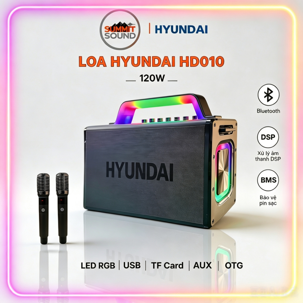 Loa HYUNDAI Loa Karaoke Xách tay HD010 Công suất lớn 120W Đèn Led RGB kèm 2 Micro AUX TP Card USB