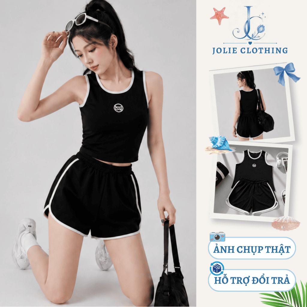Set Đồ Thể Thao Nữ 2 Món Áo Tanktop + Quần Short Viền Trắng Co Giãn, Mặc Tập Gym Yoga Chạy Bộ