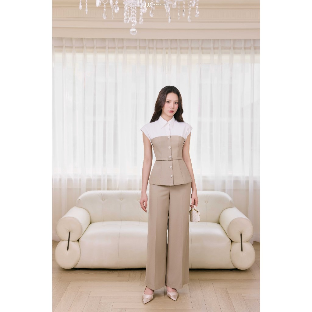 Set Áo Kiểu Cúp Ngực Phối Sơ Mi Tay Chờm 2T31.2604, Quần Dài Ống Đứng Cạp Liền 3P06.2604, Set Đồ Nữ Công Sở Thanh Lịch