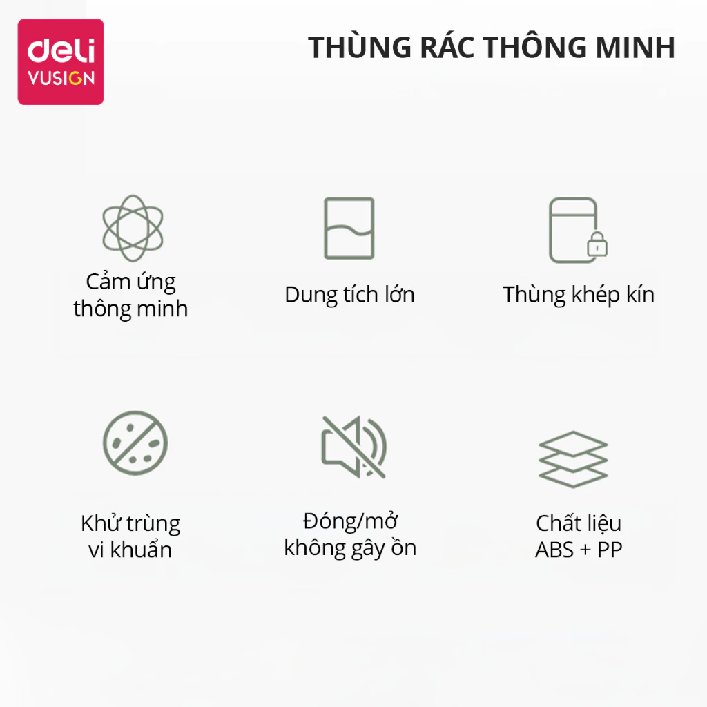 Thùng rác thông minh nắp tự động cảm biến đóng mở 13L/18L Deli chống thấm nước khử mùi thích hợp phòng khách, bếp