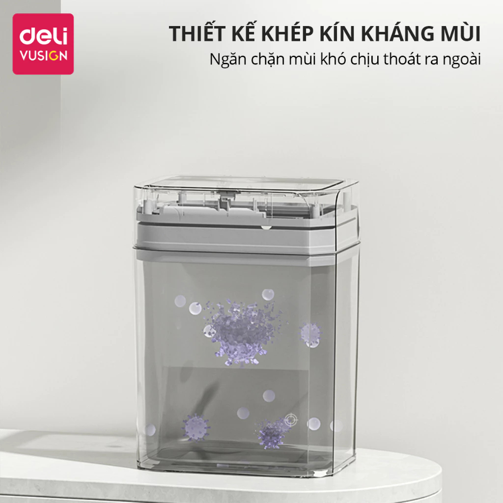 Thùng rác thông minh nắp tự động cảm biến đóng mở 13L/18L Deli chống thấm nước khử mùi thích hợp phòng khách, bếp
