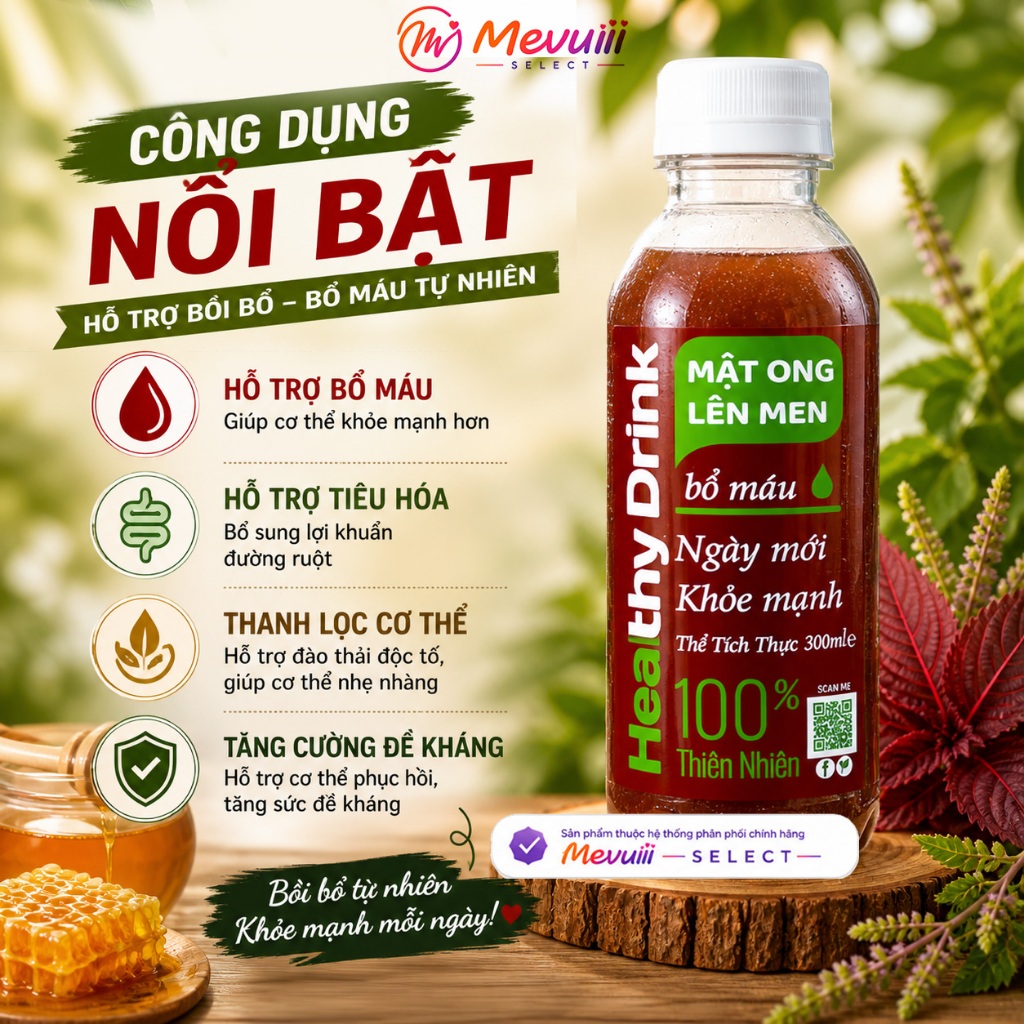 MOLM BM - Mật Ong Lên Men Bổ Máu 300ml, Huyết Dụ Kinh Giới, Tăng Đề Kháng, Lợi Khuẩn Tự Nhiên