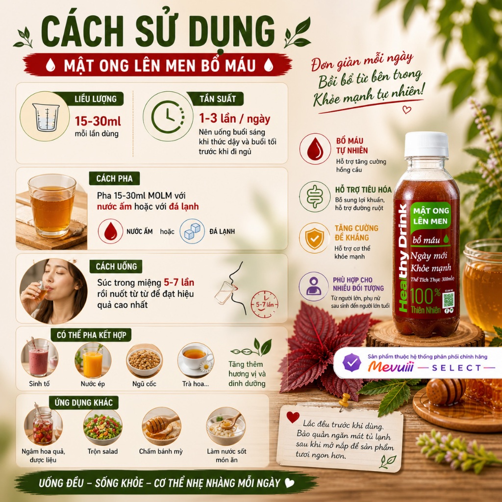 MOLM BM - Mật Ong Lên Men Bổ Máu 300ml, Huyết Dụ Kinh Giới, Tăng Đề Kháng, Lợi Khuẩn Tự Nhiên