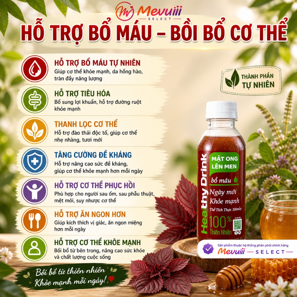 MOLM BM - Mật Ong Lên Men Bổ Máu 300ml, Huyết Dụ Kinh Giới, Tăng Đề Kháng, Lợi Khuẩn Tự Nhiên