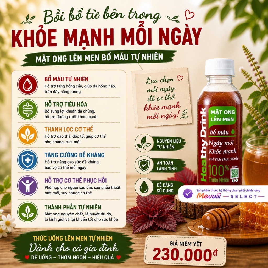 MOLM BM - Mật Ong Lên Men Bổ Máu 300ml, Huyết Dụ Kinh Giới, Tăng Đề Kháng, Lợi Khuẩn Tự Nhiên