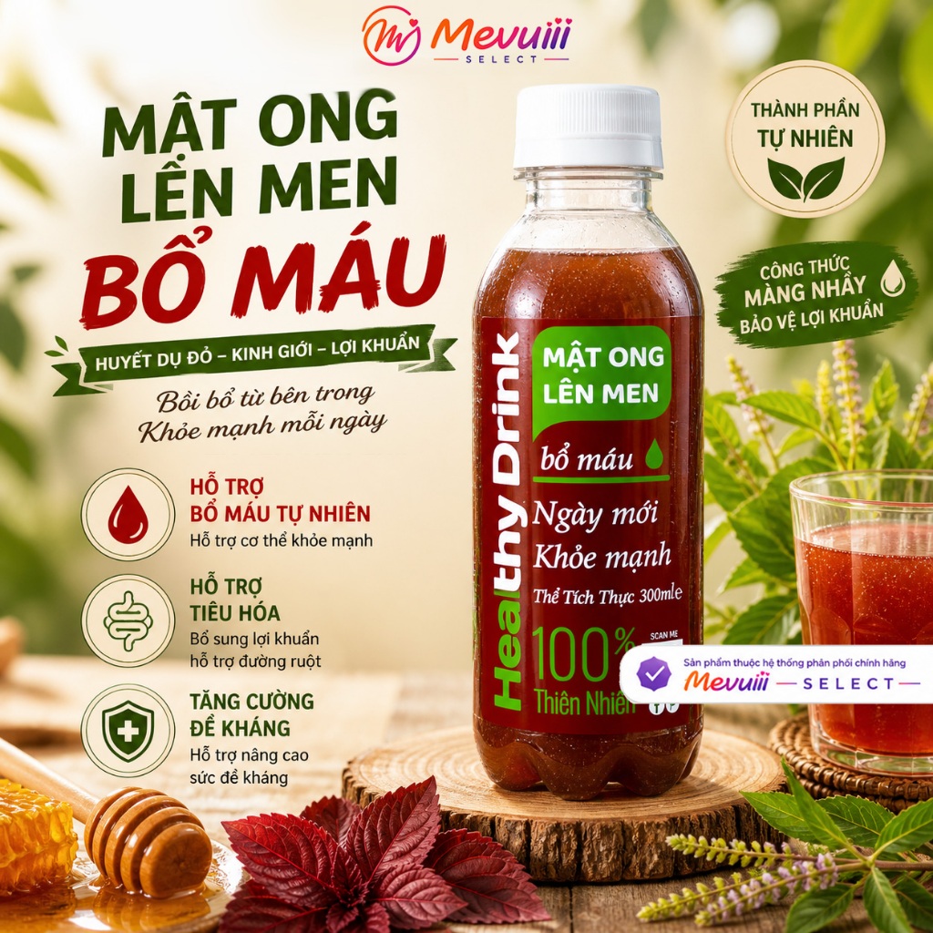 MOLM BM - Mật Ong Lên Men Bổ Máu 300ml, Huyết Dụ Kinh Giới, Tăng Đề Kháng, Lợi Khuẩn Tự Nhiên