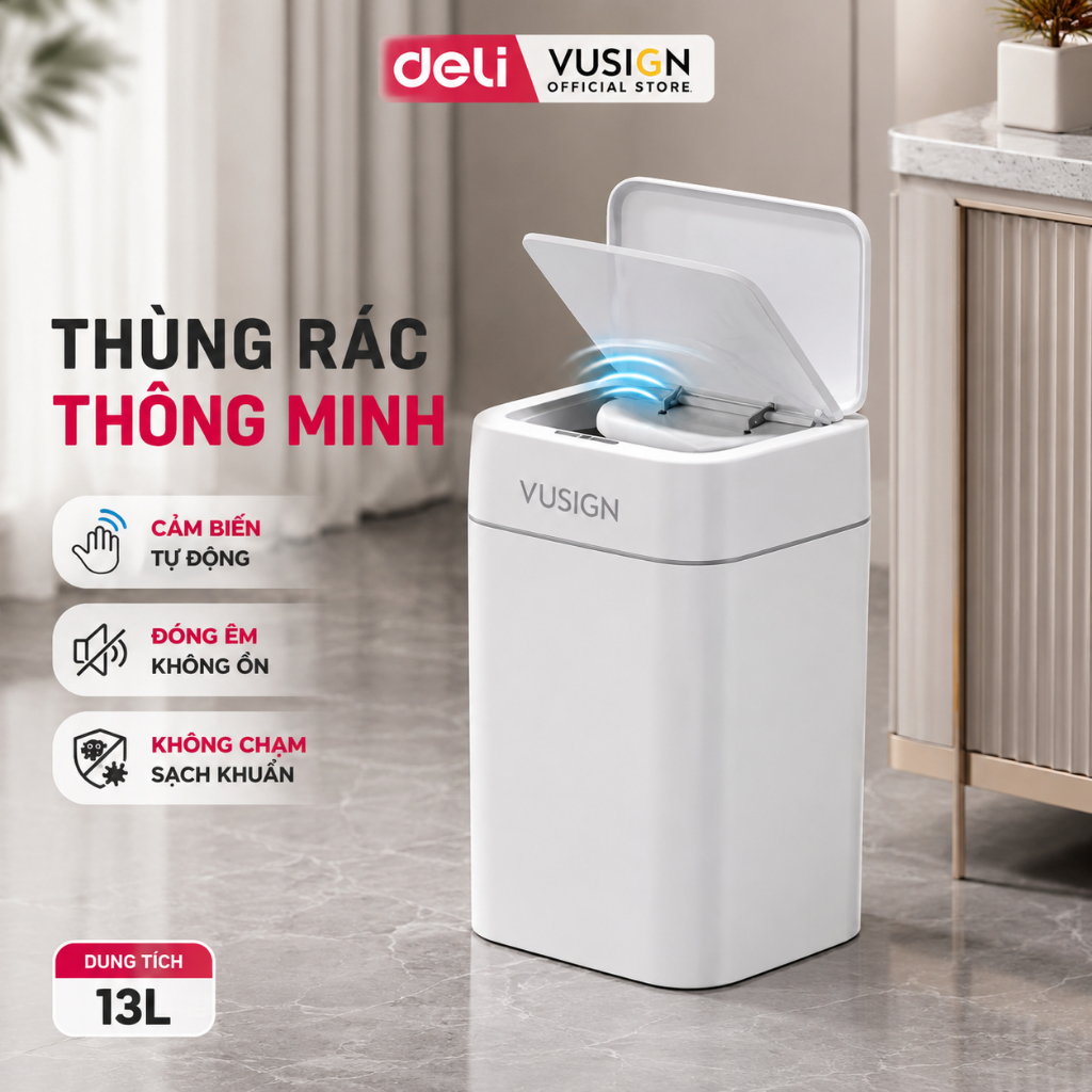 Thùng rác thông minh nắp tự động cảm biến đóng mở 13L/18L Deli chống thấm nước khử mùi thích hợp phòng khách, bếp