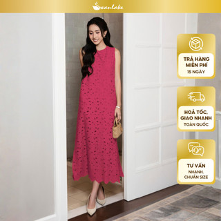 SWANLAKE | Váy Đầm Nữ Sát Nách Maxi Suông Xẻ Tà Vải Cotton Thêu Đục Lỗ Có Lót Cổ Tròn Có Túi D11719
