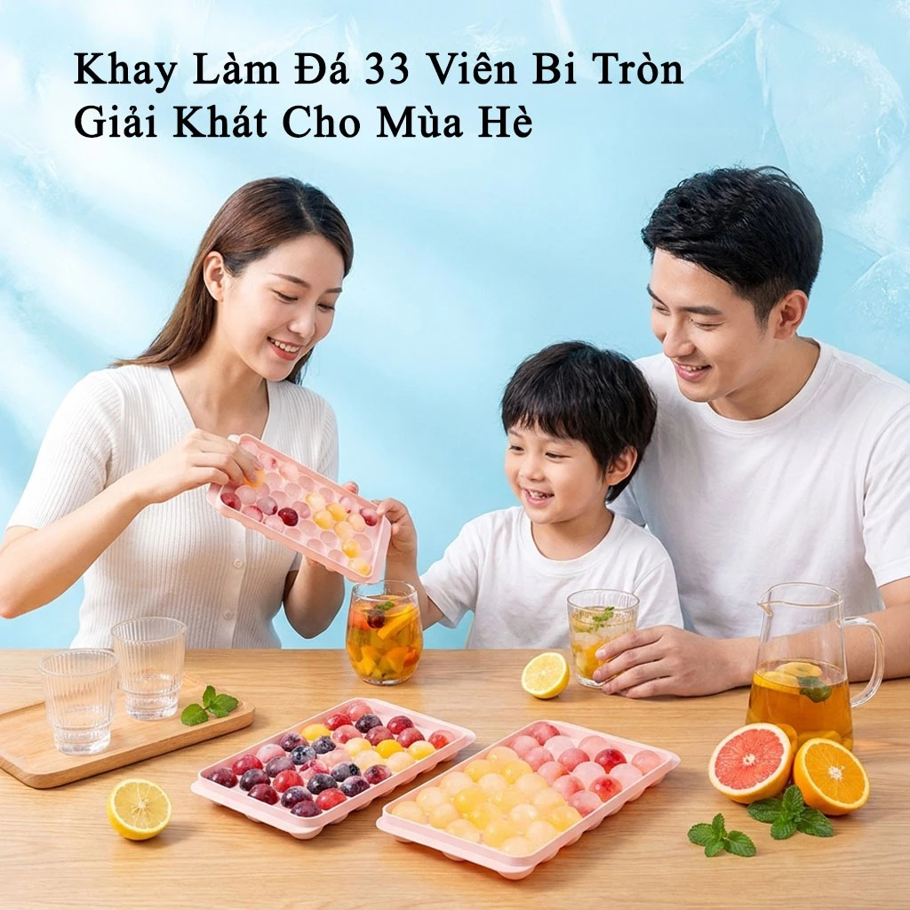 Khay Đá Bi 33 Viên Khuôn Làm Đá Tròn Làm Thạch Rau Câu Đá Trái Cây Tiện Lợi