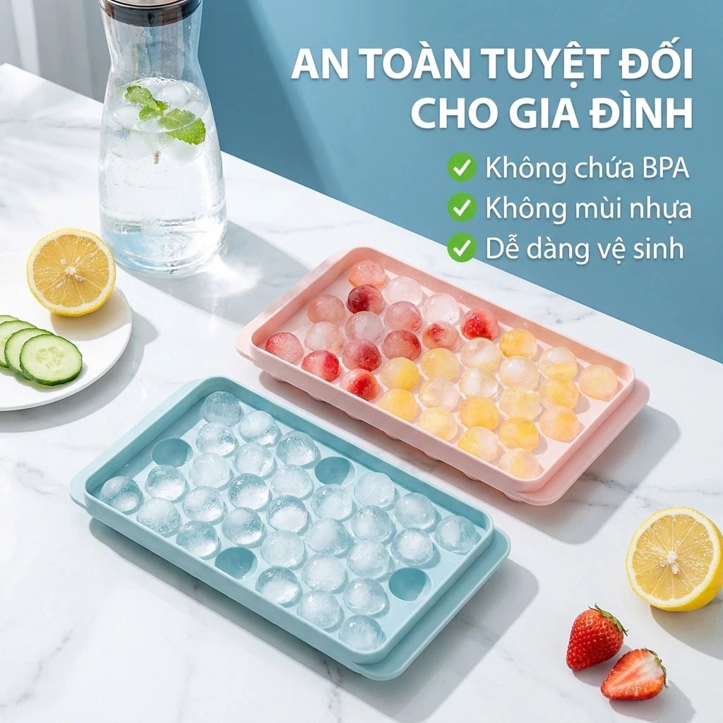 Khay Đá Bi 33 Viên Khuôn Làm Đá Tròn Làm Thạch Rau Câu Đá Trái Cây Tiện Lợi
