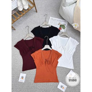 Áo zip mềm cổ V viền ren co giãn