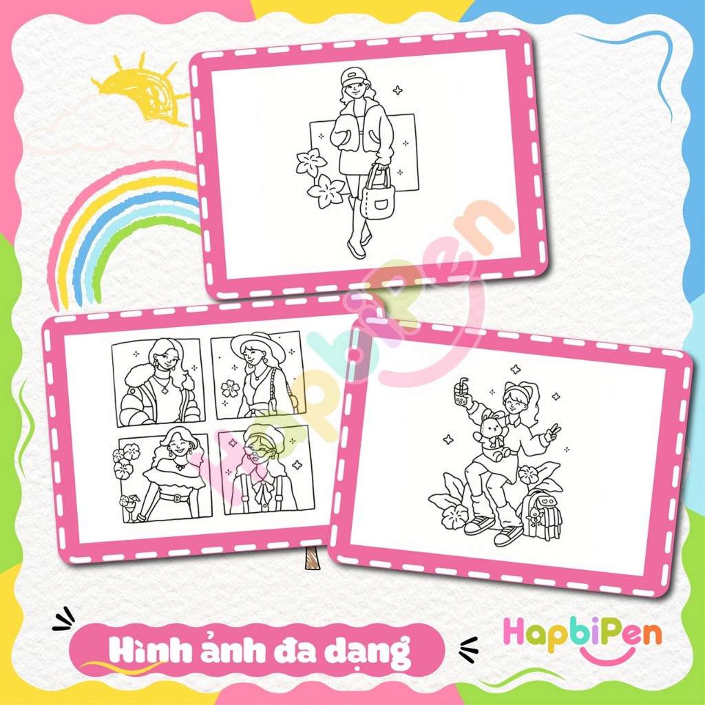 Tranh tô màu Cozy thư giãn gồm 39 trang với nét vẽ bold line cho bé với chủ đề HAPPY GIRLS Vol 15