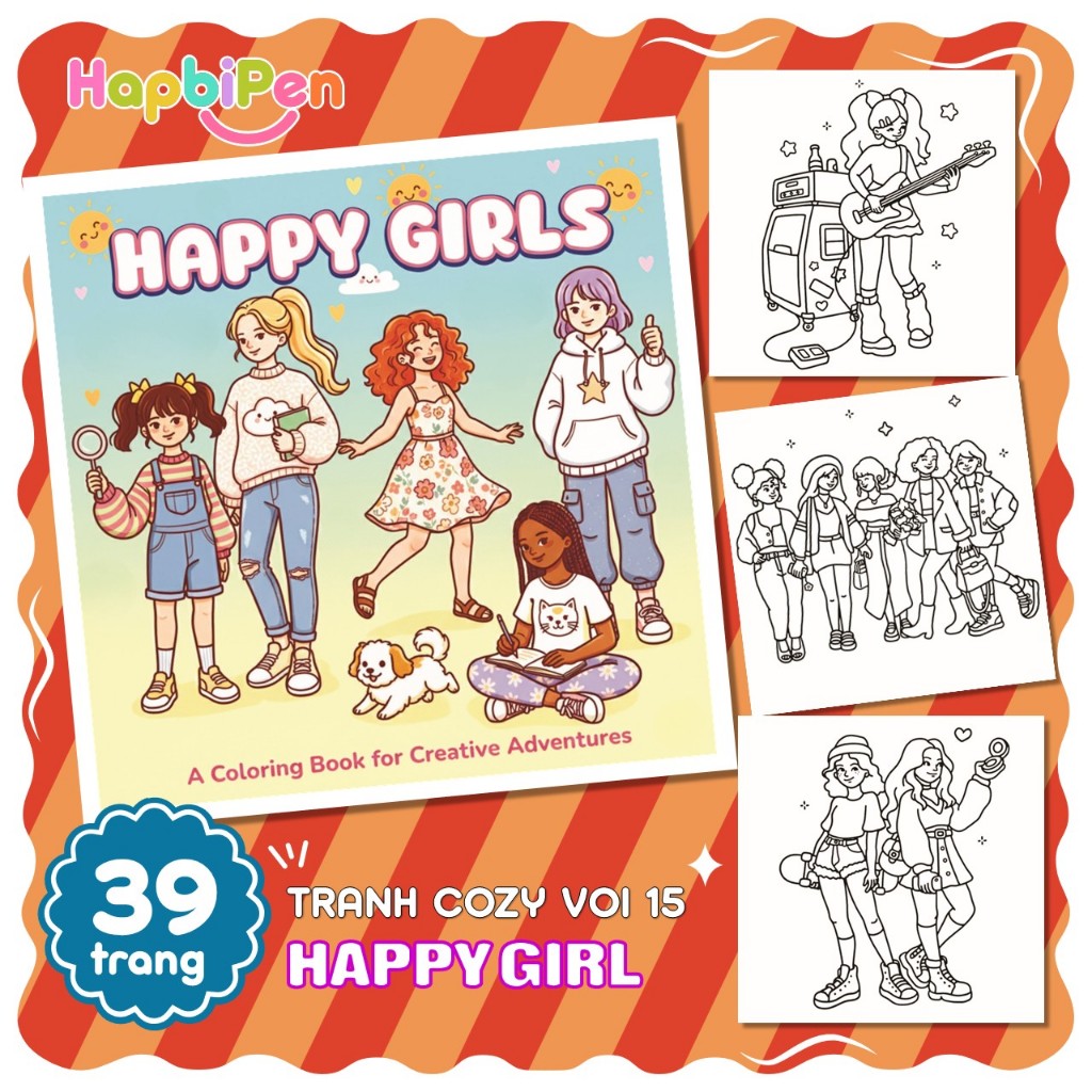 Tranh tô màu Cozy thư giãn gồm 39 trang với nét vẽ bold line cho bé với chủ đề HAPPY GIRLS Vol 15