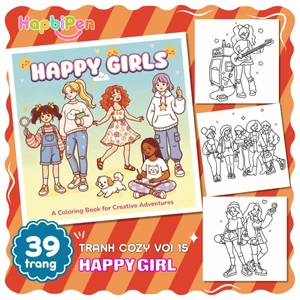 Tranh tô màu Cozy thư giãn gồm 39 trang với nét vẽ bold line cho bé với chủ đề HAPPY GIRLS Vol 15