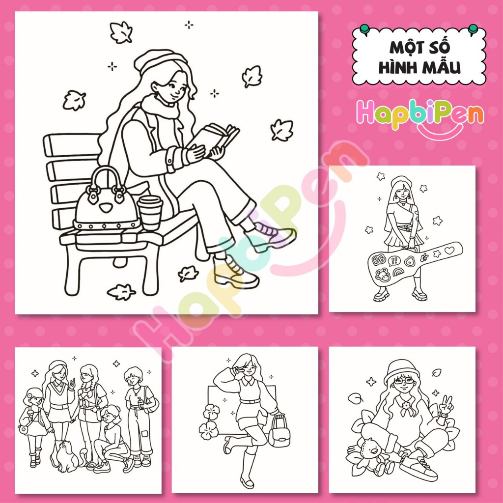 Tranh tô màu Cozy thư giãn gồm 39 trang với nét vẽ bold line cho bé với chủ đề HAPPY GIRLS Vol 15