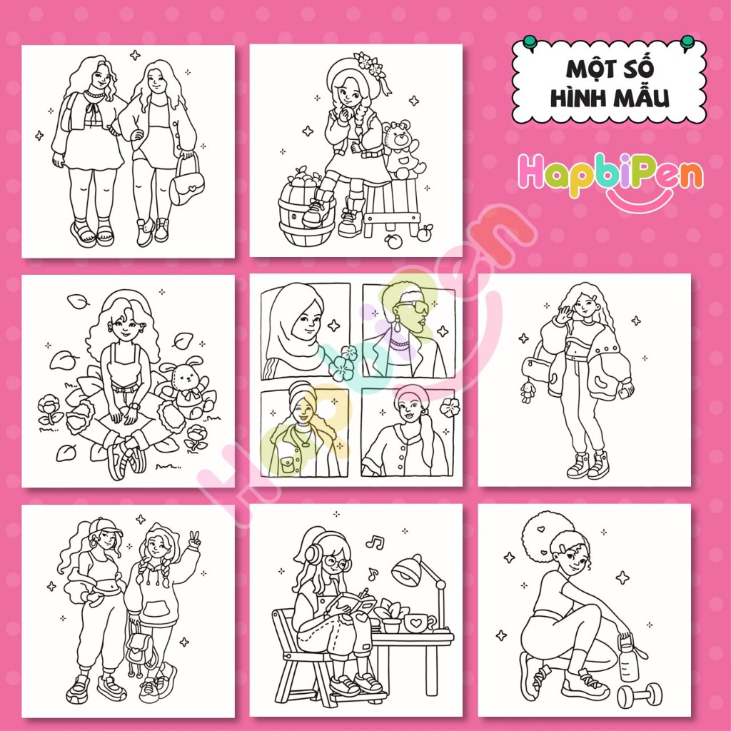 Tranh tô màu Cozy thư giãn gồm 39 trang với nét vẽ bold line cho bé với chủ đề HAPPY GIRLS Vol 15