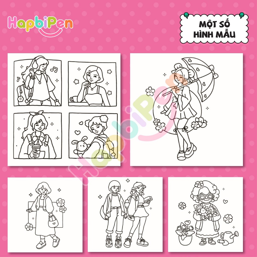 Tranh tô màu Cozy thư giãn gồm 39 trang với nét vẽ bold line cho bé với chủ đề HAPPY GIRLS Vol 15