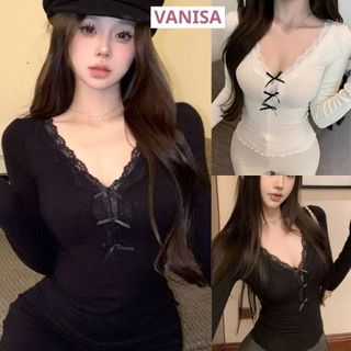 Áo thun dài tay cổ v phối ren xinh ôm body đen trắng hàn quốc VANISA CT078
