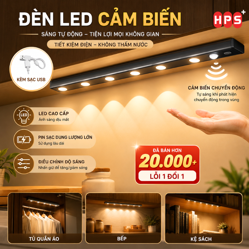 Đèn LED trang trí điều chỉnh độ sáng HPS, Đèn cảm ứng nhà bếp, tủ quần áo siêu sáng siêu mỏng dung lượng pin cao kèm sạc