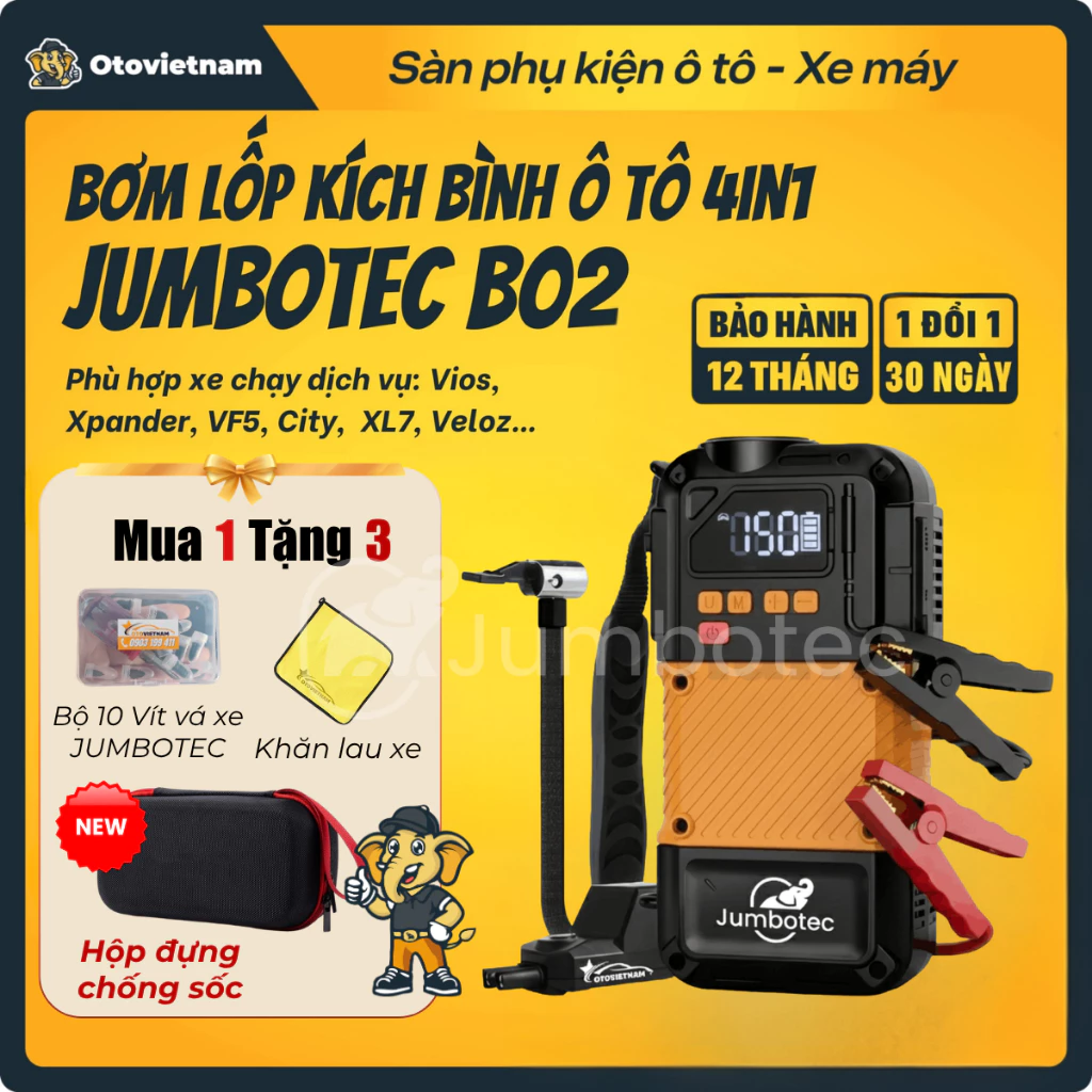 Kích Bình & Bơm Lốp Ô Tô, Xe Máy 4in1 Jumbotec B02 - Dung Lượng Pin 8.000mAh, Bảo Hành 12 Tháng