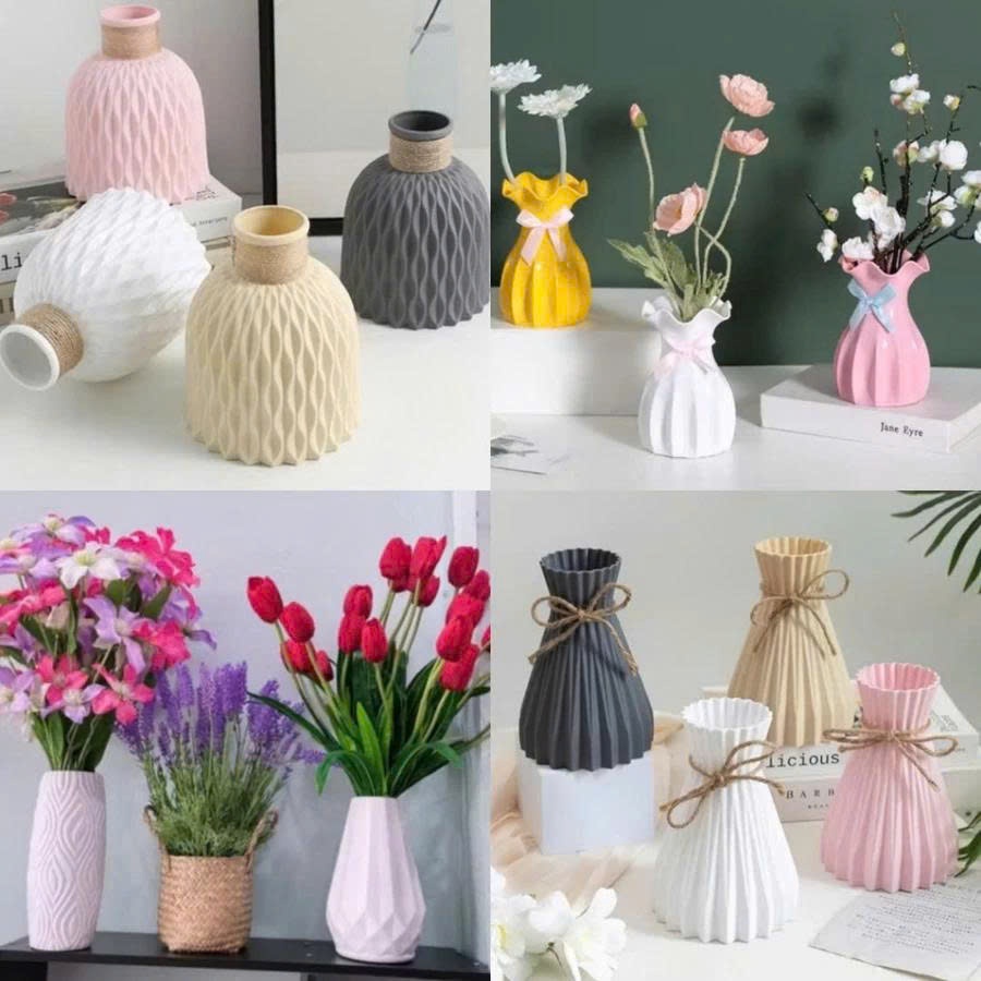 Bình hoa nhựa P064 giả gốm dáng chuông phong cách bắc âu, lọ hoa decor  gợn sóng kèm dây buộc xinh