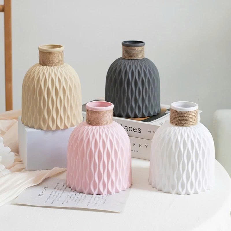 Bình hoa nhựa P064 giả gốm dáng chuông phong cách bắc âu, lọ hoa decor  gợn sóng kèm dây buộc xinh