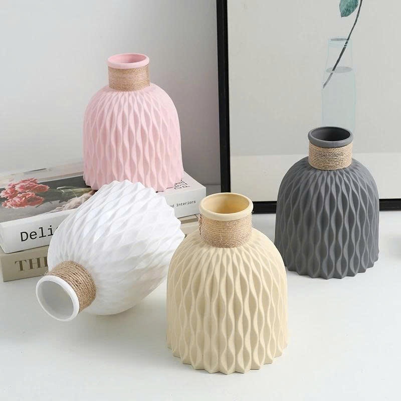 Bình hoa nhựa P064 giả gốm dáng chuông phong cách bắc âu, lọ hoa decor  gợn sóng kèm dây buộc xinh