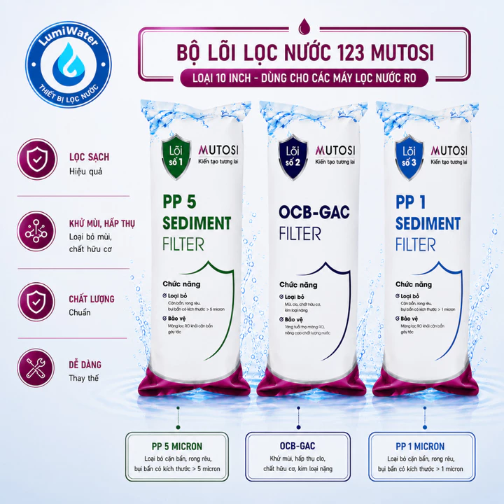 Lõi Lọc Nước Mutosi 123, Loại 10 Inch - (Dùng Cho Các Máy Lọc Nước RO)
