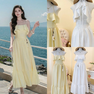 SEP House - Đầm maxi bèo tầng hai dây cột nơ lưng tà dài xẻ lệch kèm dây eo trắng vàng thanh lịch - Hàng loại 1