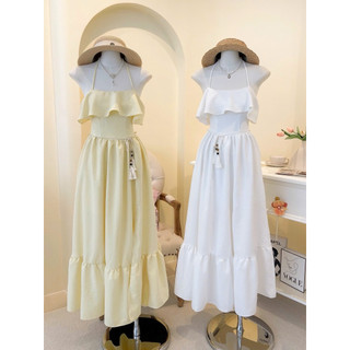 SEP House - Đầm maxi bèo tầng hai dây cột nơ lưng tà dài xẻ lệch kèm dây eo trắng vàng thanh lịch - Hàng loại 1