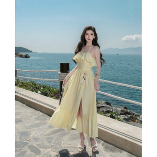 SEP House - Đầm maxi bèo tầng hai dây cột nơ lưng tà dài xẻ lệch kèm dây eo trắng vàng thanh lịch - Hàng loại 1